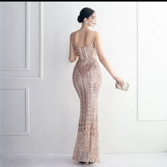 Elegant Sequined Evening Gown in Beige - Picture 12 of 13
